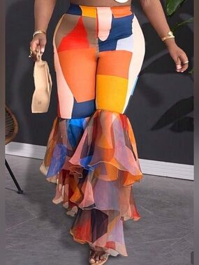 SHEIN Multi-Color Geometric Ruffle Tier Maxi Skirt